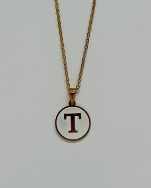 COLLAR LETRA ACERO CIRCULO BLANCO "T"$120