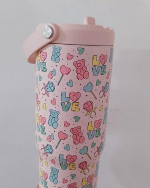 TERMO ROSA CON OSOS Y DULCES CON POPOTE TRANSPARENTE "HYDRAPEAK" $580