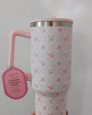TERMO ROSA CON FLORES Y CORAZONES CON POPOTE TRANSPARENTE  "AQUA" 40oz $580