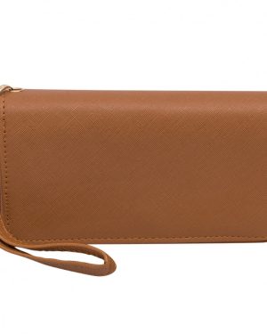 CARTERA CAFE PARA MUJER CON CIERRE DOBLE Y CORREA PARA MANO $199